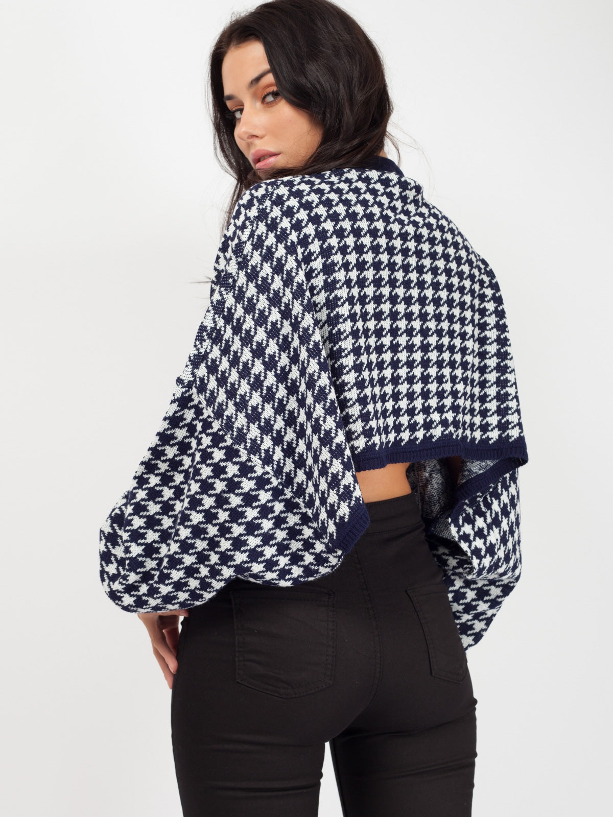 Olivia Hounds-Tooth Cropped Batwing Knitted Jumper