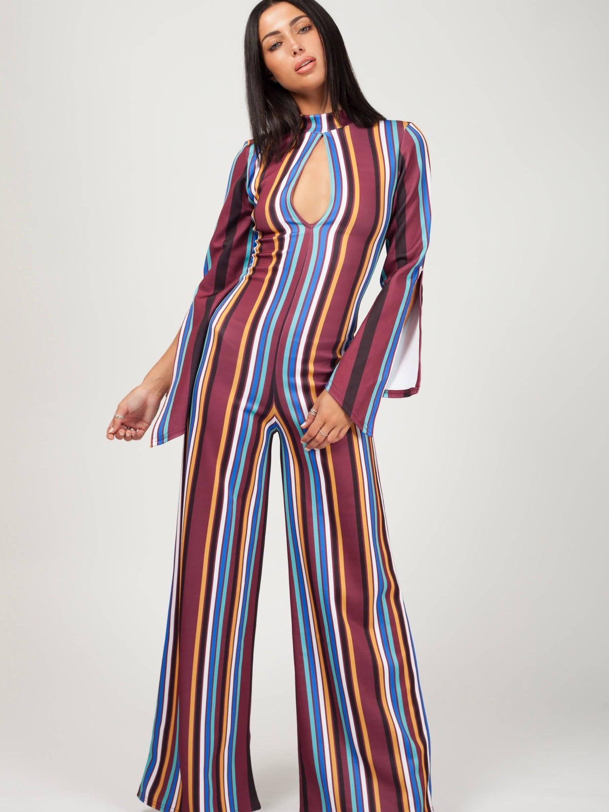 Keyhole Front Striped Jumpsuit