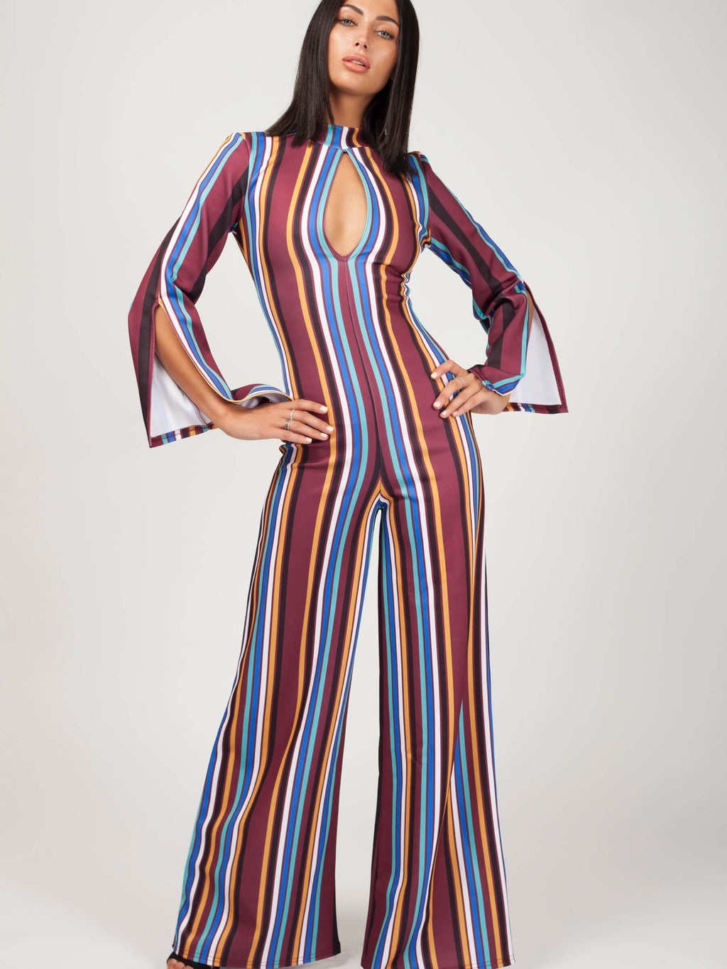 Keyhole Front Striped Jumpsuit