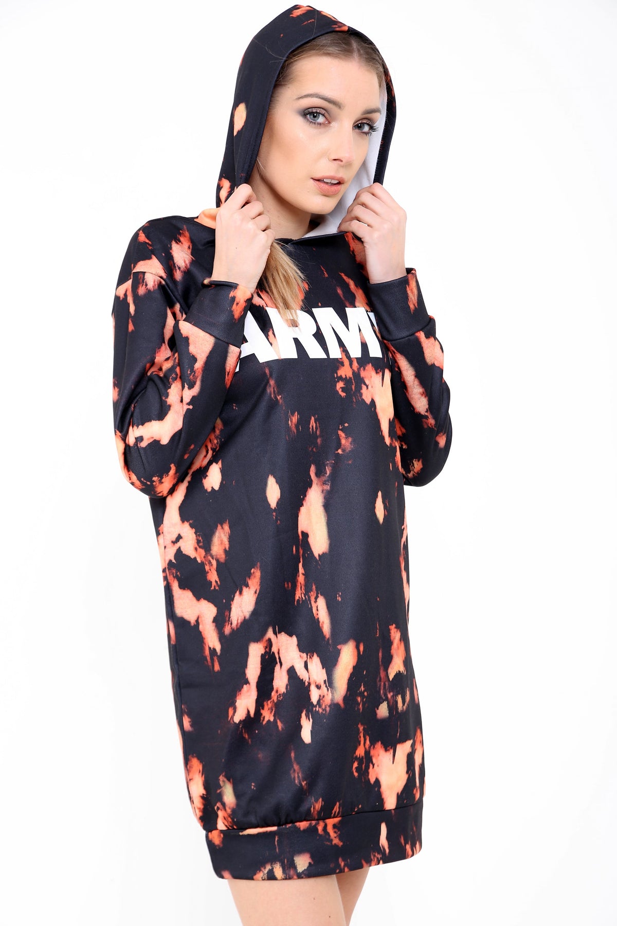 Army Print Oversized Hooded Jumper Dress