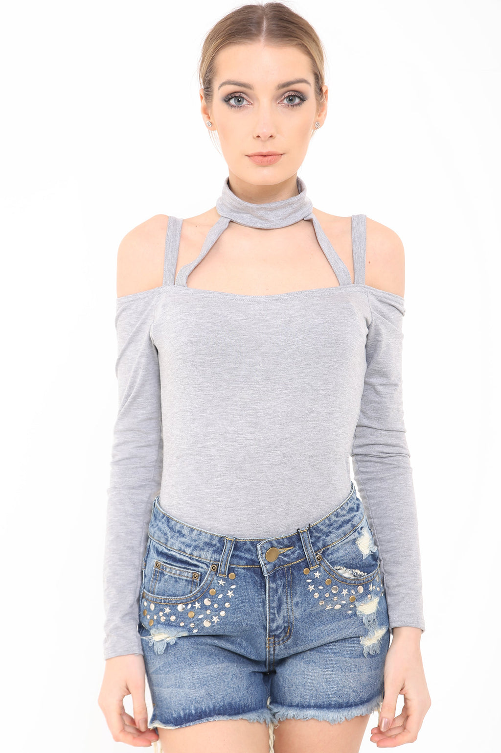 Cold Shoulder Choker Neck Strappy Bodysuit