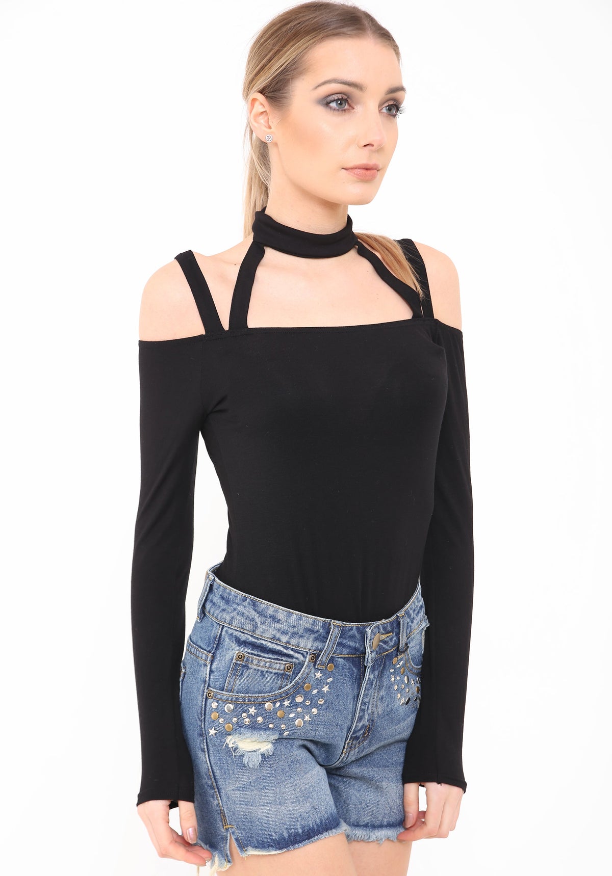 Cold Shoulder Choker Neck Strappy Bodysuit