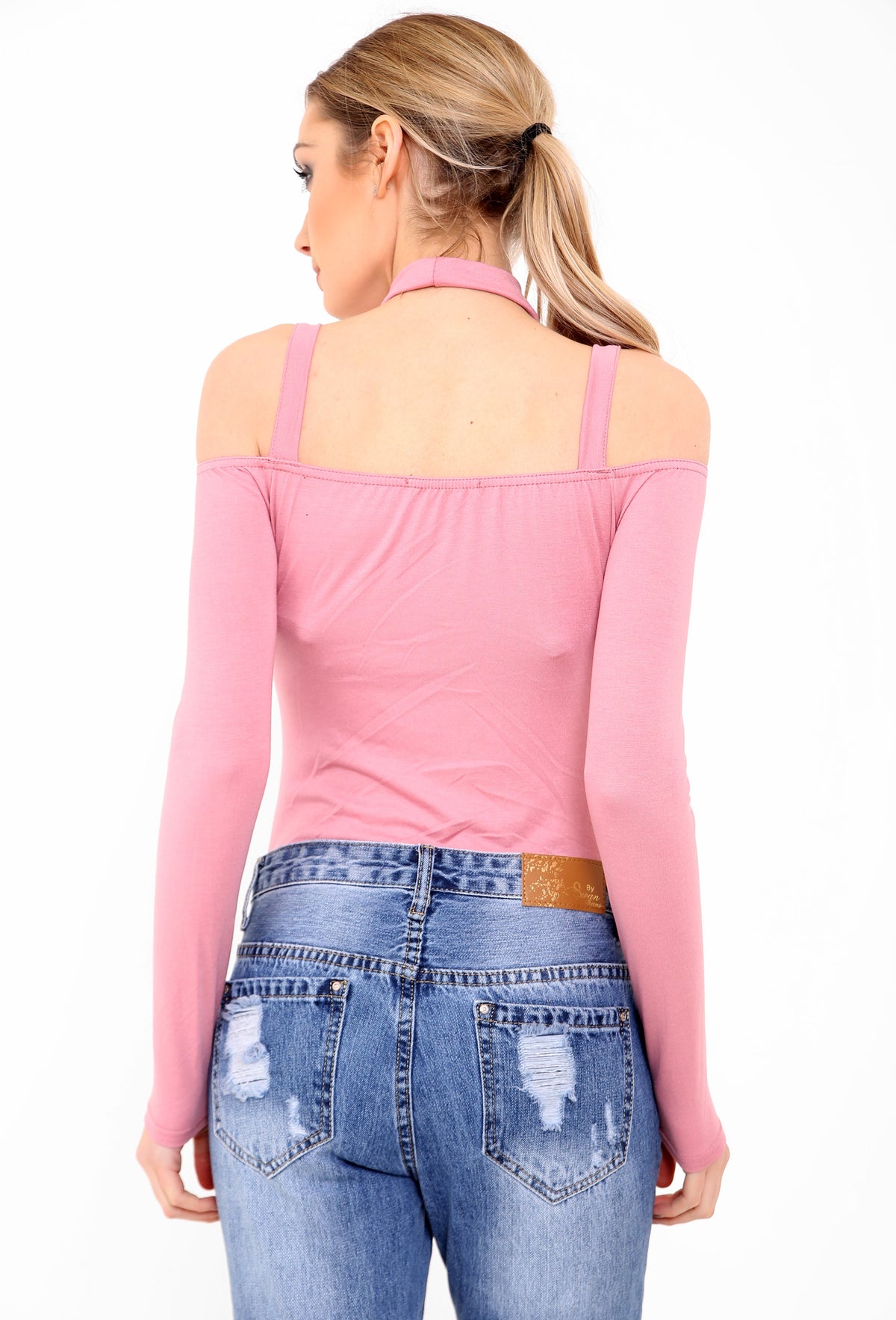 Cold Shoulder Choker Neck Strappy Bodysuit