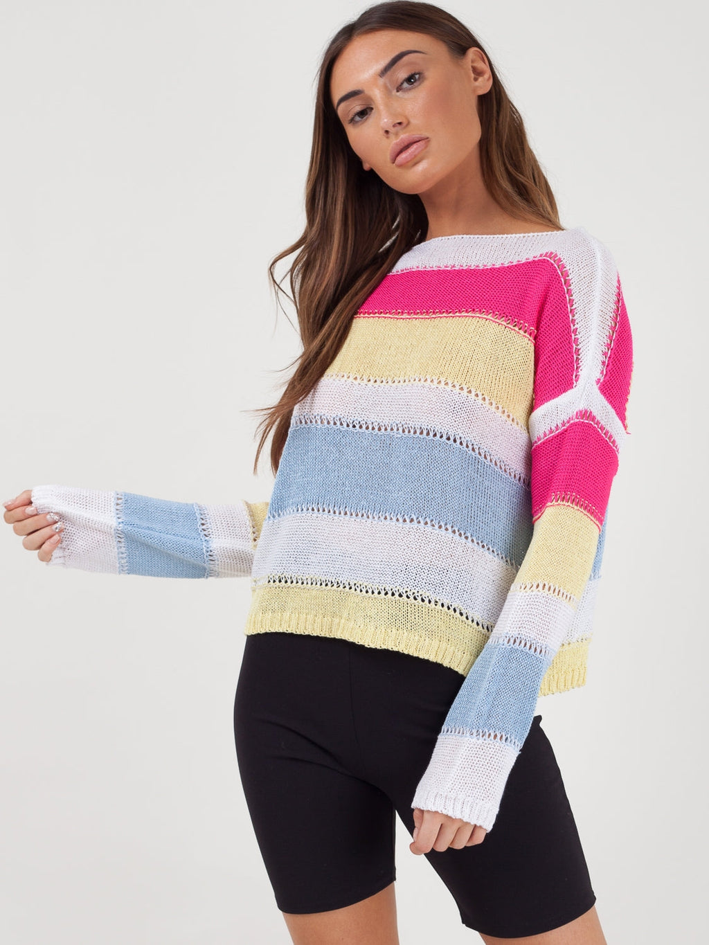 Stripe Long Sleeve Crochet Knitted Crop Top
