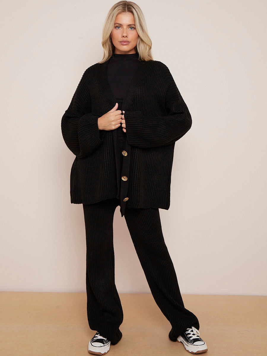 Knitted Drop Shoulder Buttoned Cardigan & Wide Leg Trouser Co-ord
