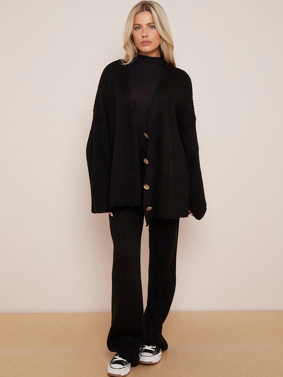 Knitted Drop Shoulder Buttoned Cardigan & Wide Leg Trouser Co-ord