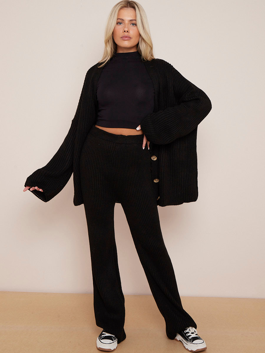 Knitted Drop Shoulder Buttoned Cardigan & Wide Leg Trouser Co-ord