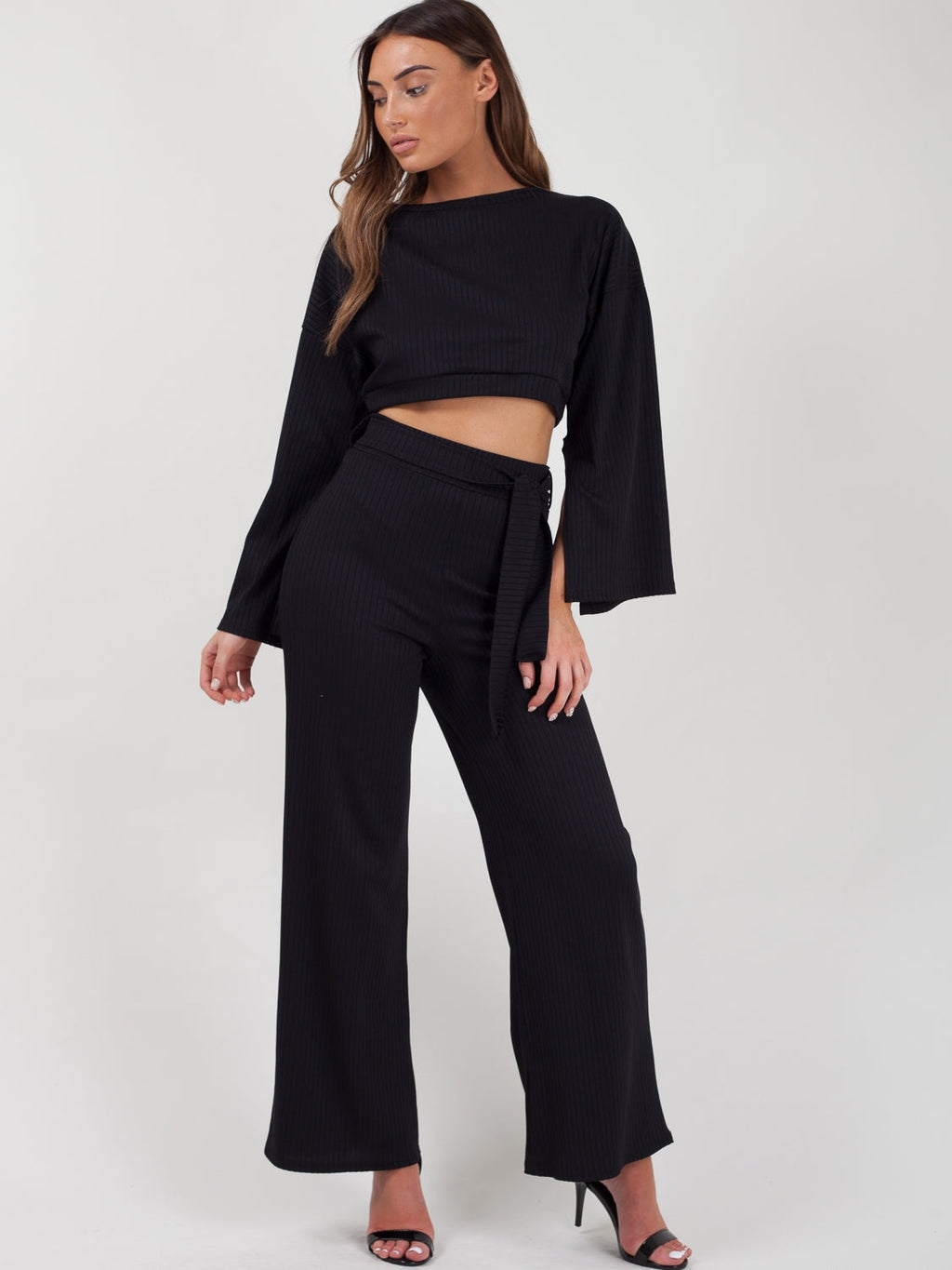 Split Sleeve Ribbed Crop Top & Trouser Co-ord