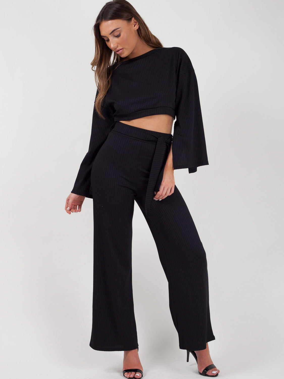 Split Sleeve Ribbed Crop Top & Trouser Co-ord