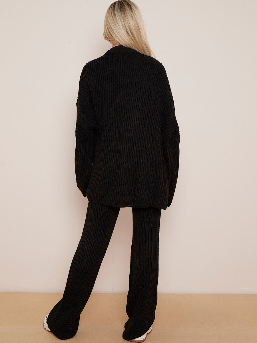 Knitted Drop Shoulder Buttoned Cardigan & Wide Leg Trouser Co-ord