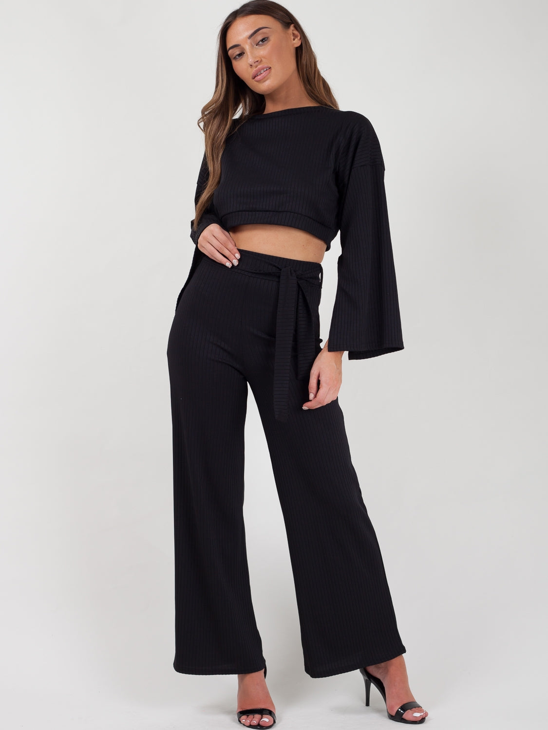 Split Sleeve Ribbed Crop Top & Trouser Co-ord