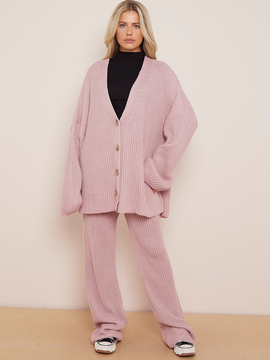 Knitted Drop Shoulder Buttoned Cardigan & Wide Leg Trouser Co-ord