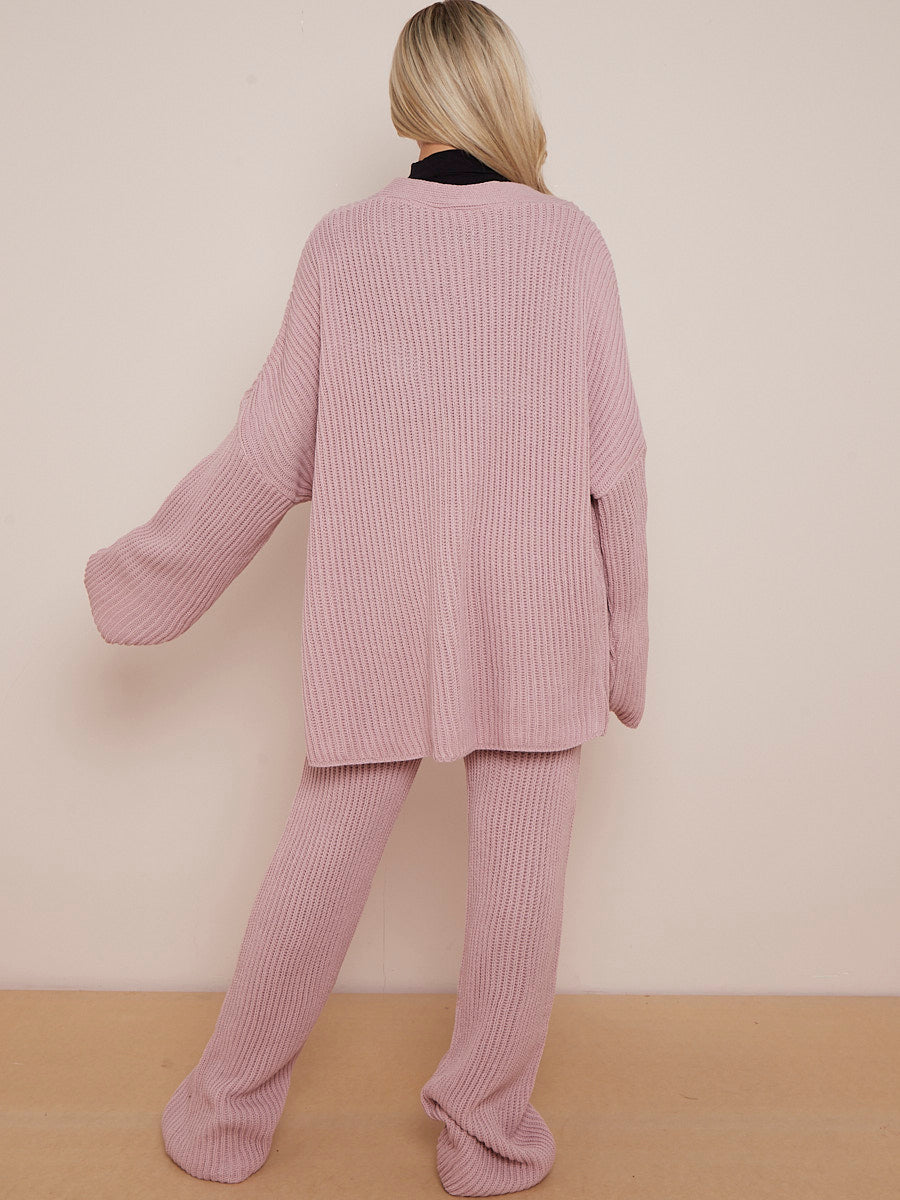 Knitted Drop Shoulder Buttoned Cardigan & Wide Leg Trouser Co-ord