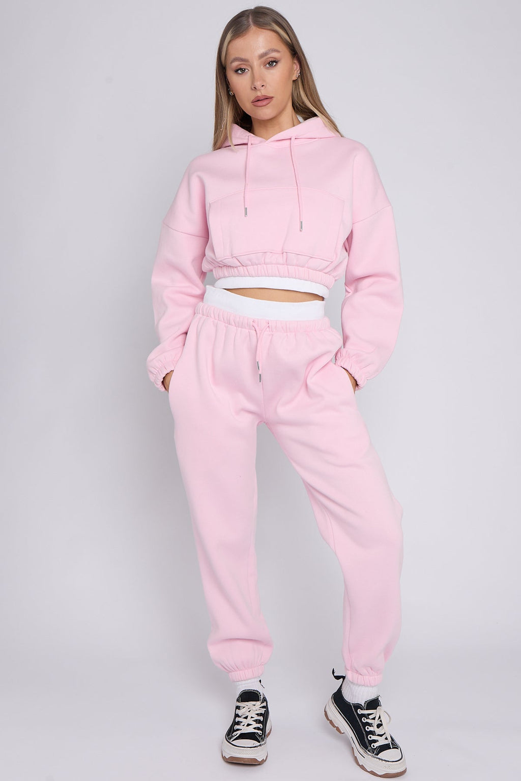 Fleece Cropped Suit With Rib Trim Detail