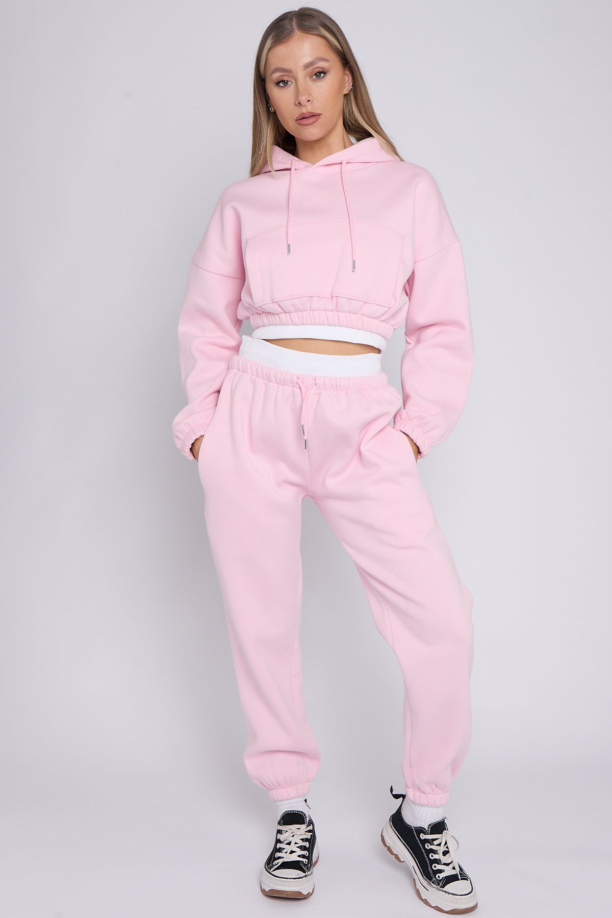 Fleece Cropped Suit With Rib Trim Detail