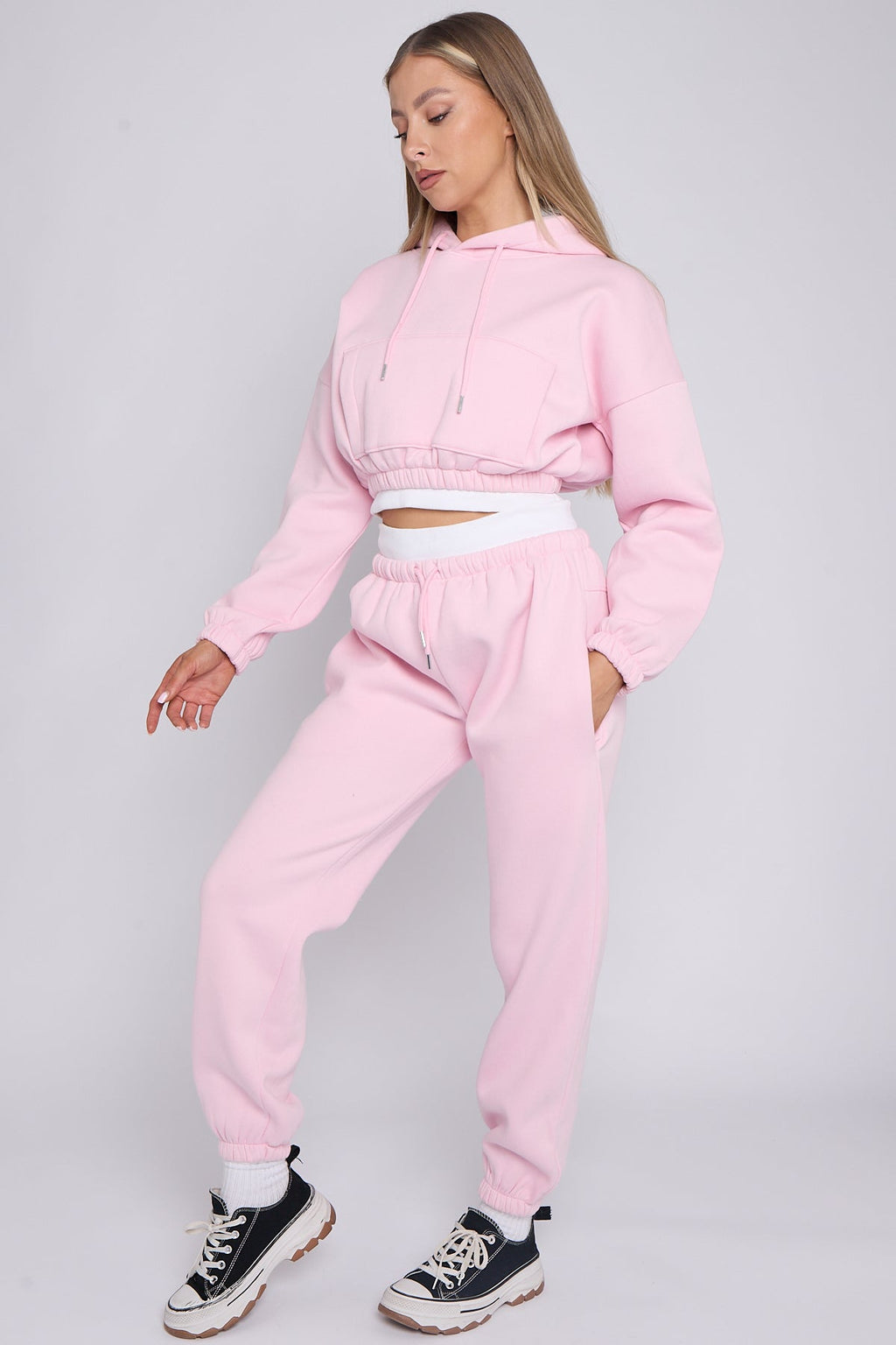 Fleece Cropped Suit With Rib Trim Detail