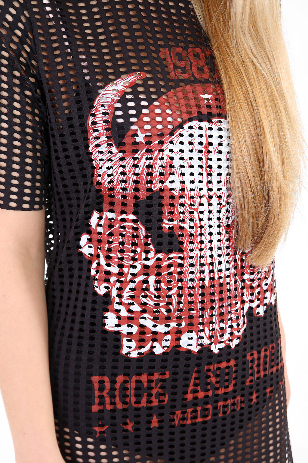 Rock And Roll Printed Fishnet Lined Bodysuit Dress Top