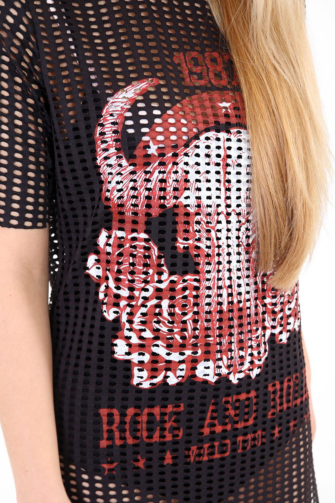 Rock And Roll Printed Fishnet Lined Bodysuit Dress Top