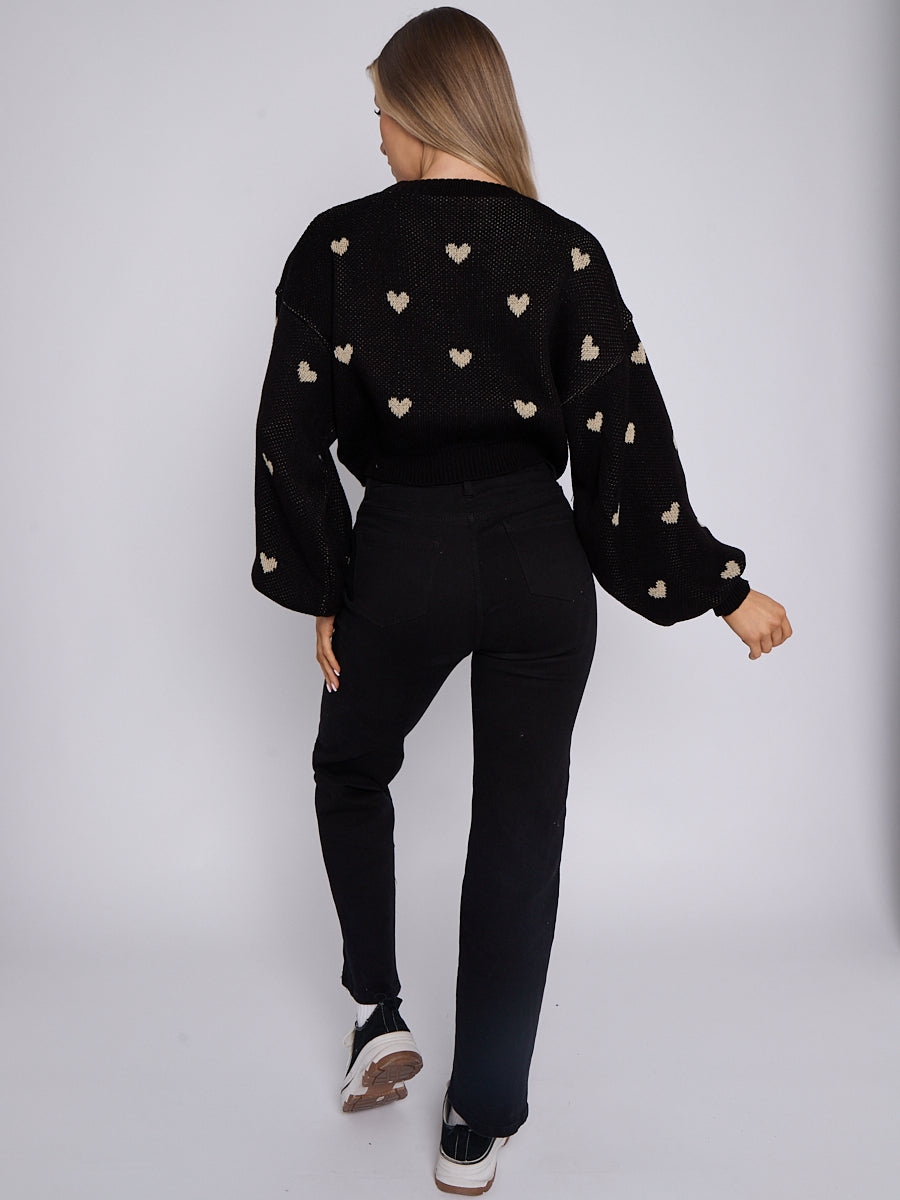 Heart Detail Oversized Cropped Knitted Jumper