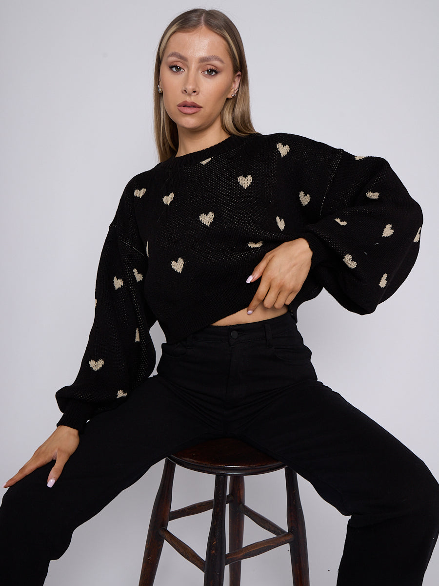 Heart Detail Oversized Cropped Knitted Jumper