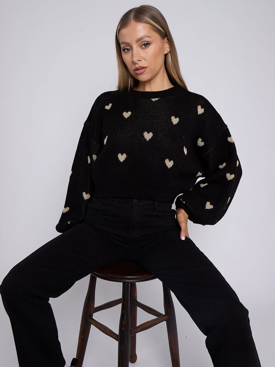 Heart Detail Oversized Cropped Knitted Jumper