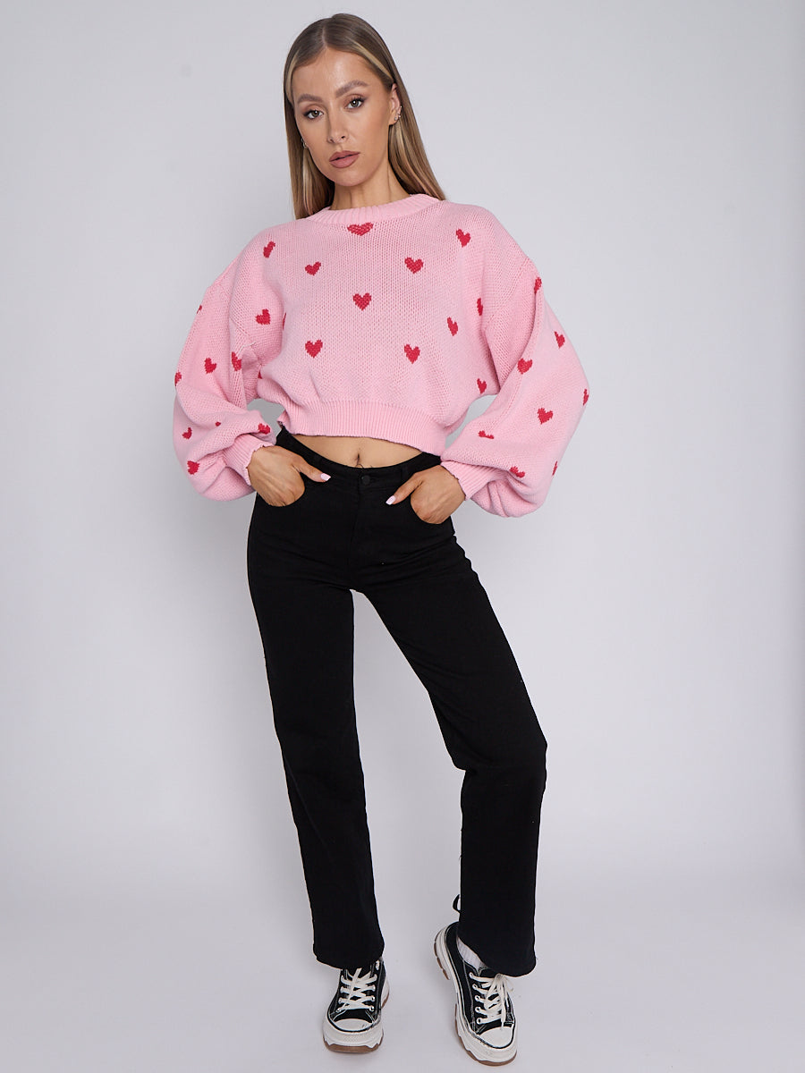 Heart Detail Oversized Cropped Knitted Jumper