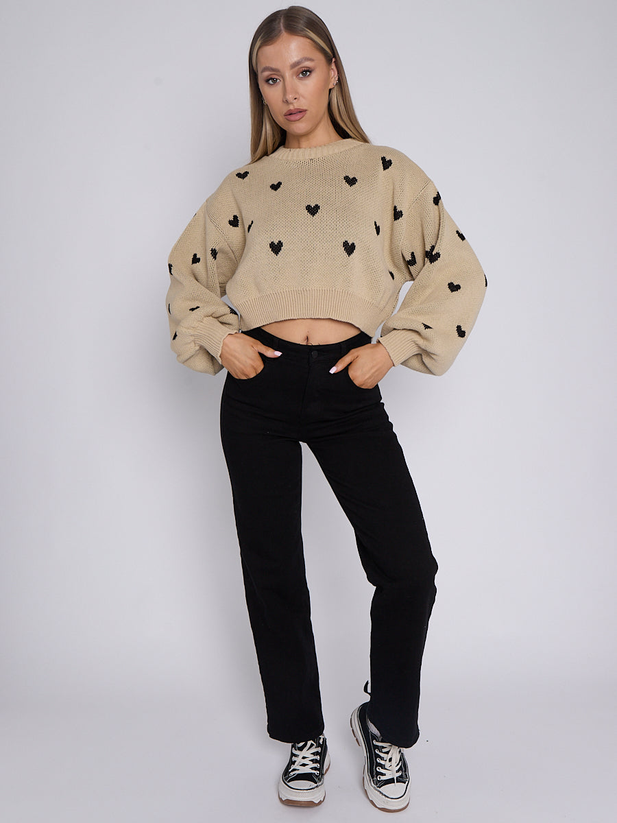 Heart Detail Oversized Cropped Knitted Jumper
