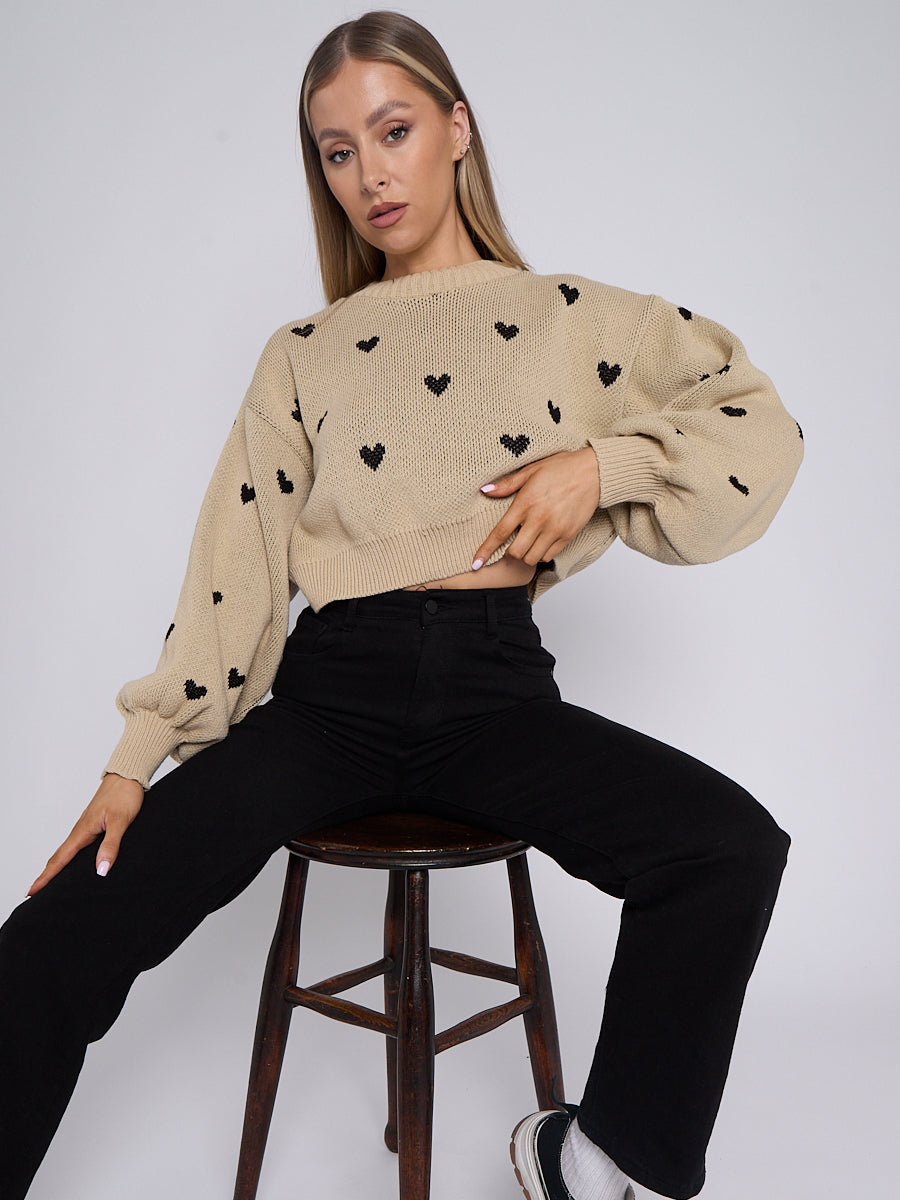 Heart Detail Oversized Cropped Knitted Jumper