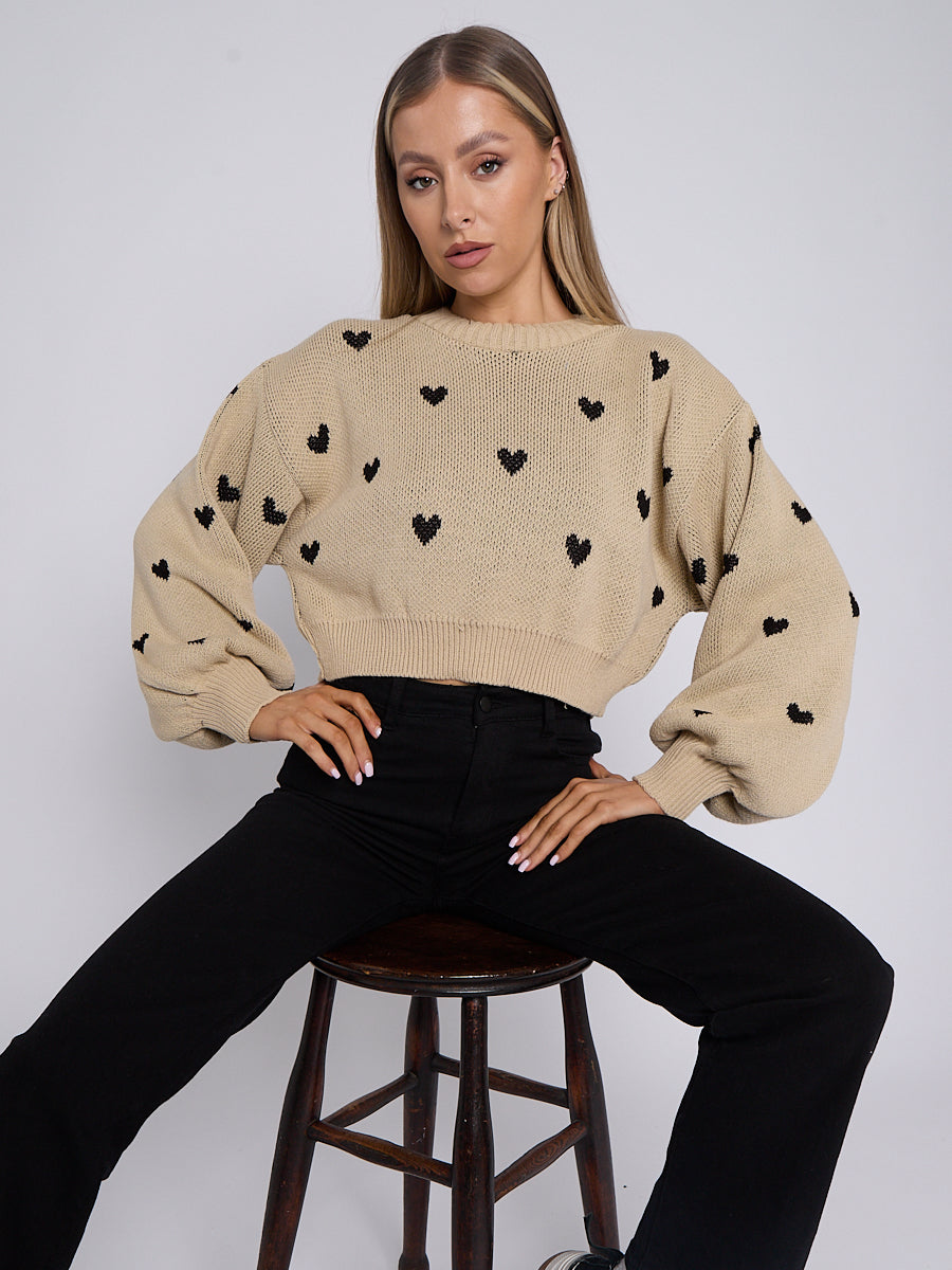 Heart Detail Oversized Cropped Knitted Jumper