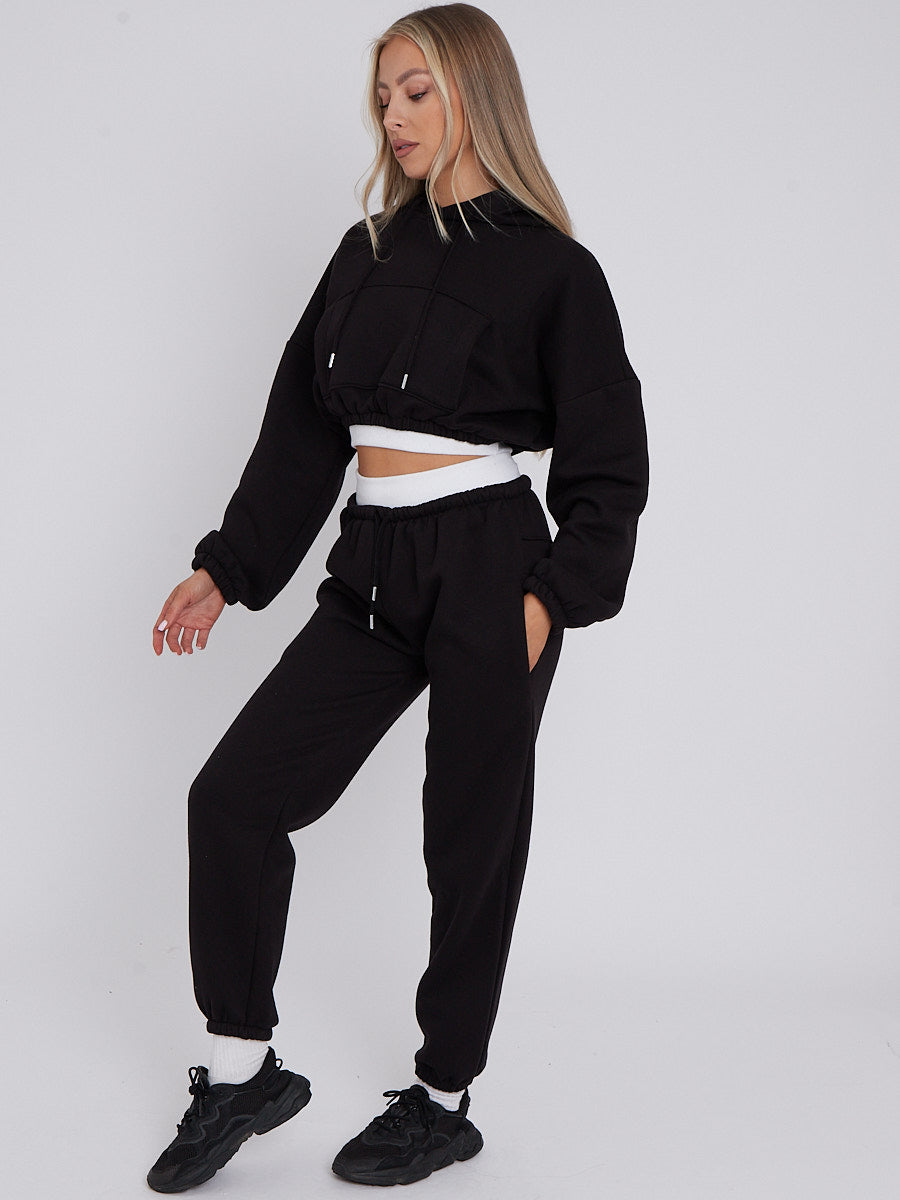 Fleece Cropped Suit With Rib Trim Detail