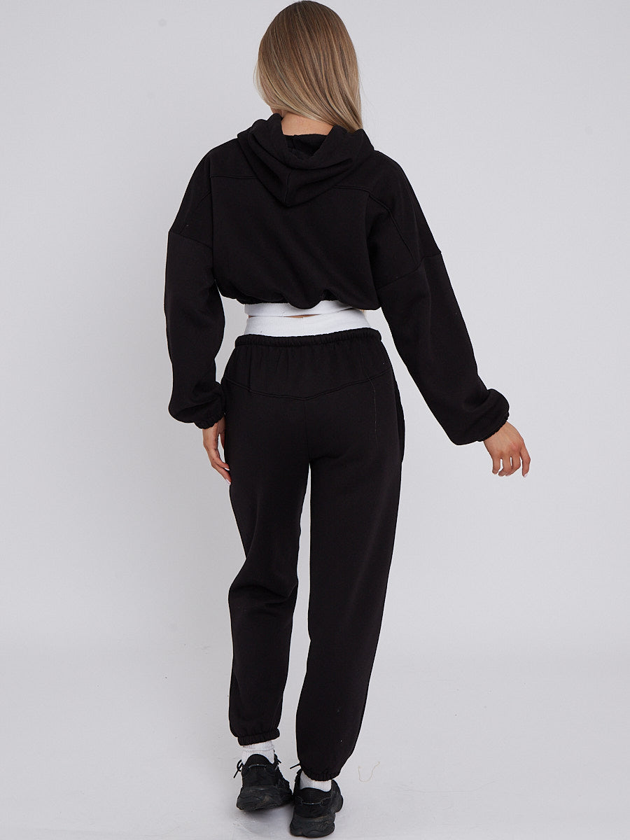 Fleece Cropped Suit With Rib Trim Detail