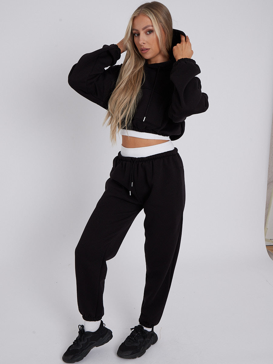 Fleece Cropped Suit With Rib Trim Detail