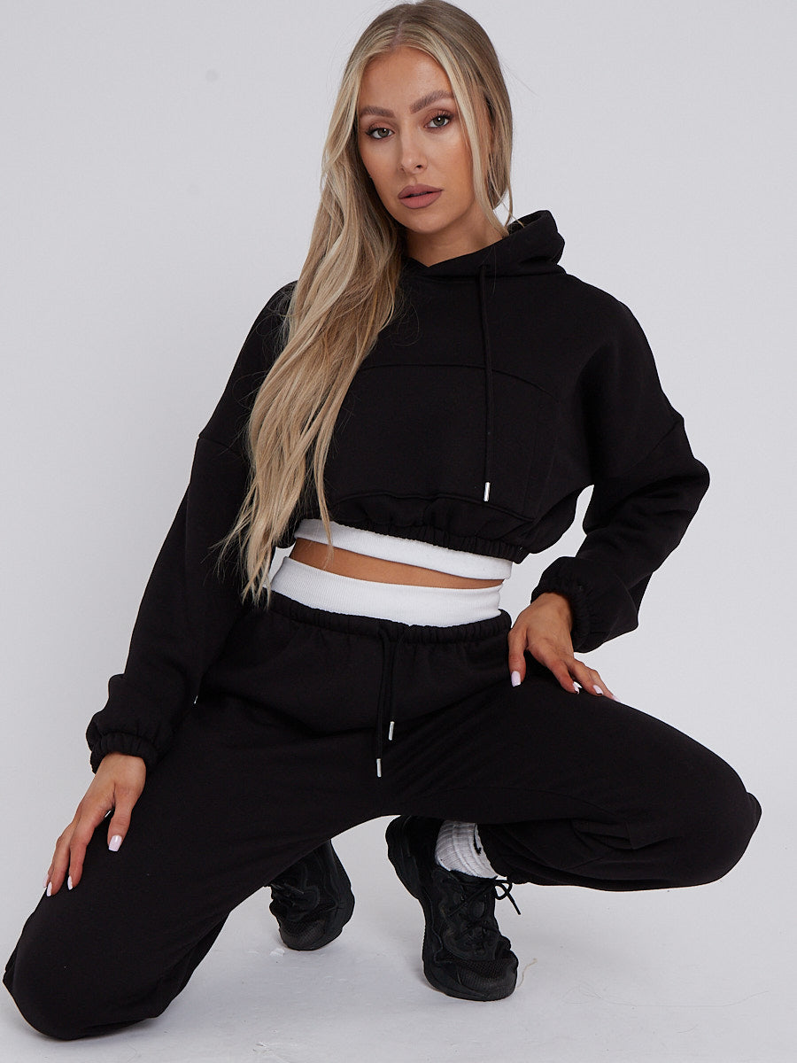 Fleece Cropped Suit With Rib Trim Detail