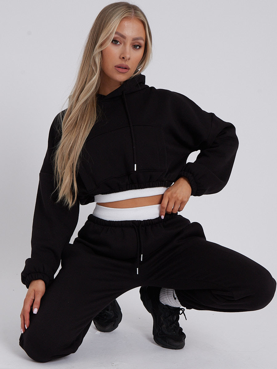 Fleece Cropped Suit With Rib Trim Detail