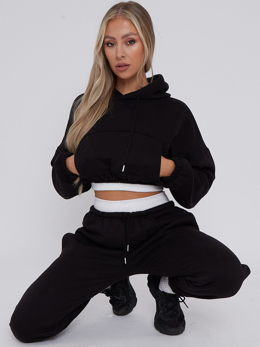 Fleece Cropped Suit With Rib Trim Detail