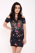 Lace Up Eyelet Rose Print Longline T Shirt Dress