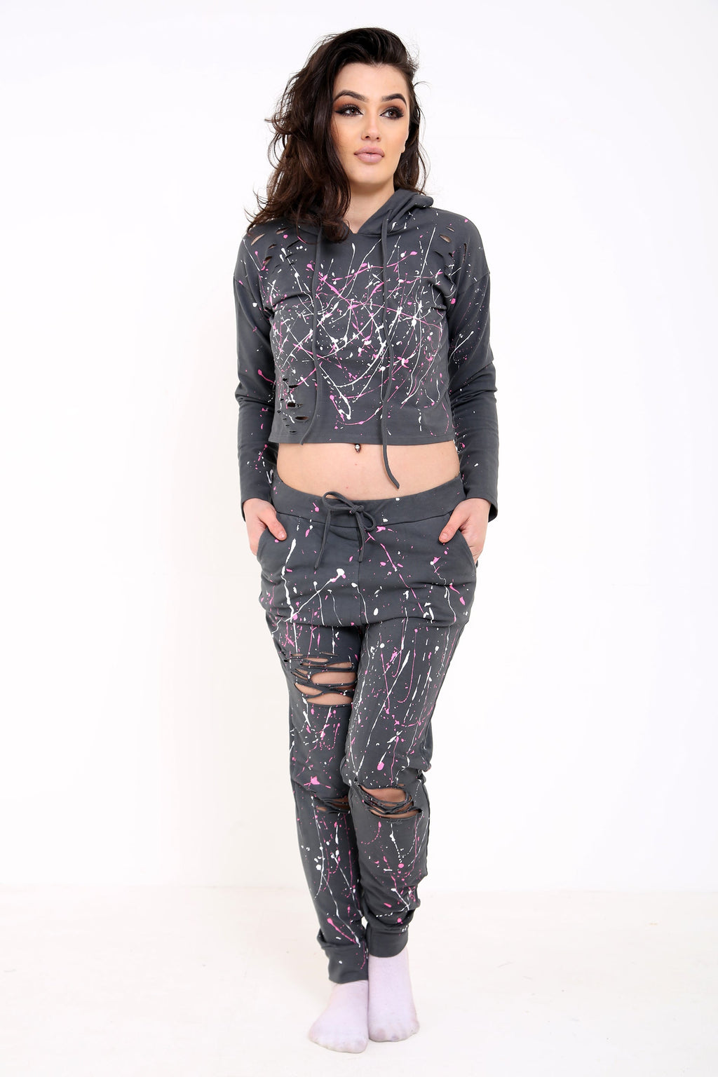 Paint Splash Distressed Hooded Top And Bottom Loungewear