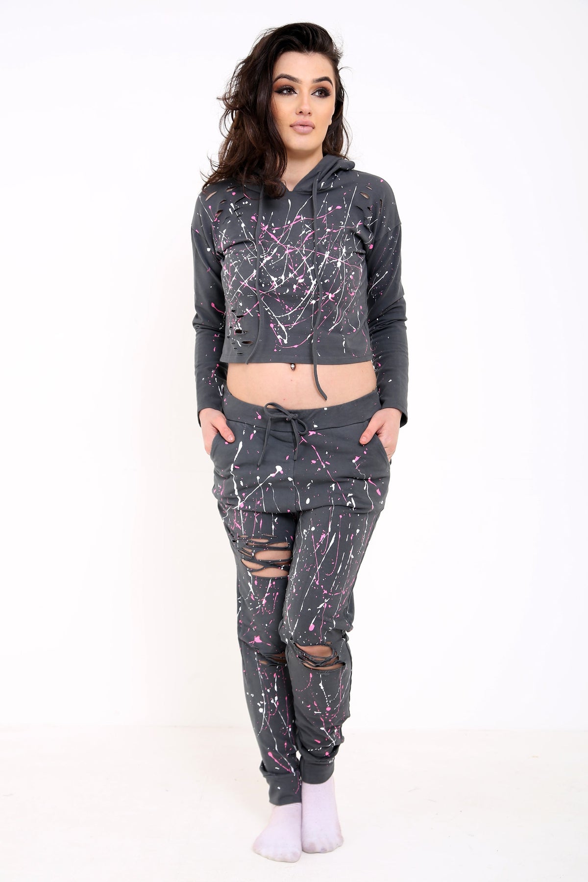 Paint Splash Distressed Hooded Top And Bottom Loungewear