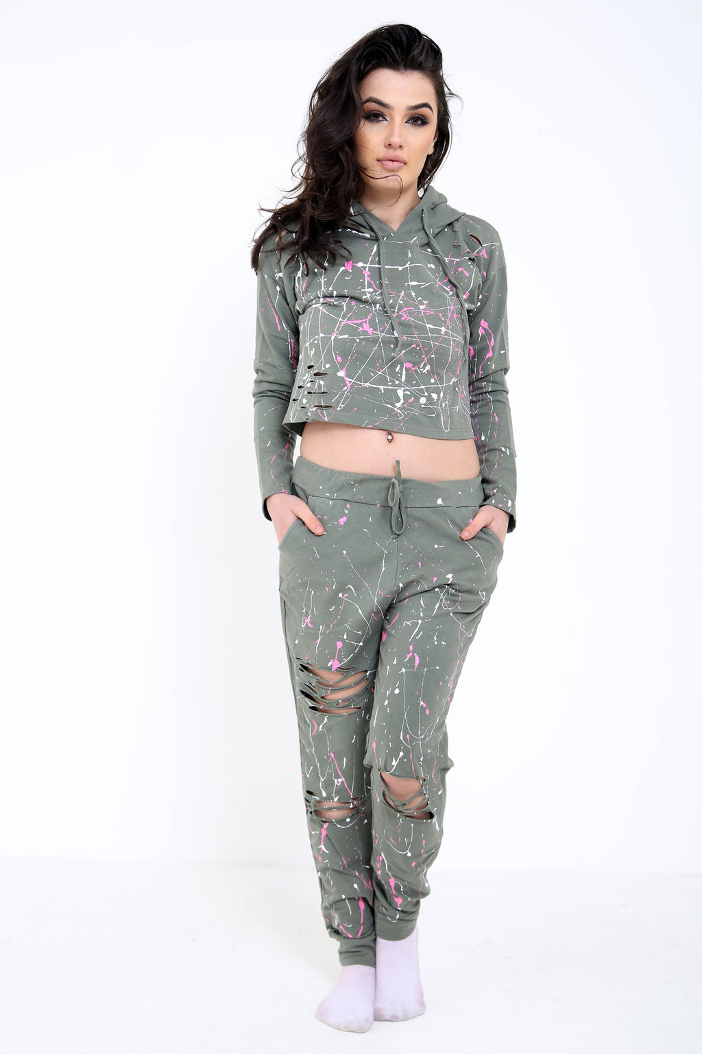 Paint Splash Distressed Hooded Top And Bottom Loungewear