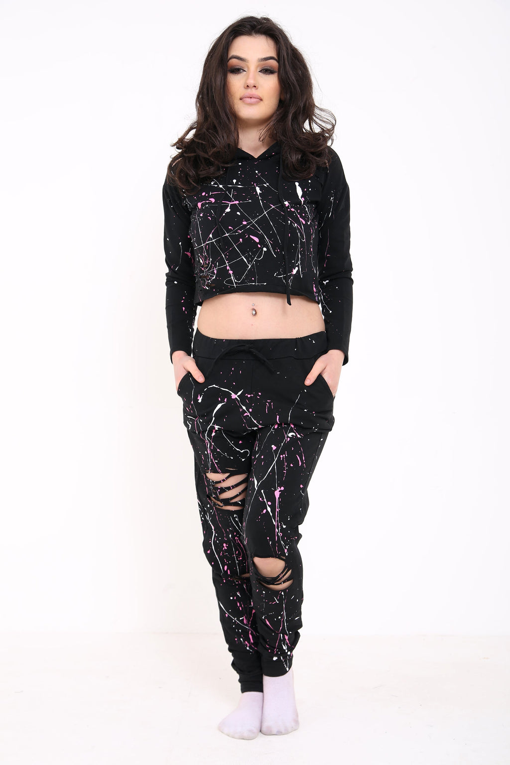 Paint Splash Distressed Hooded Top And Bottom Loungewear