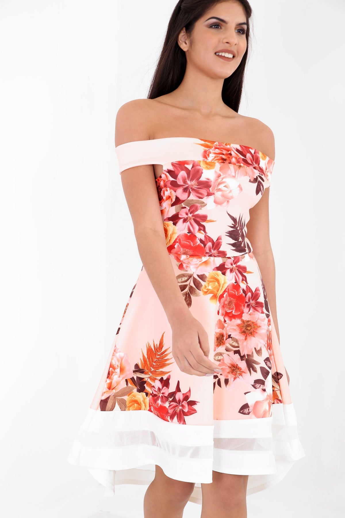Tropical Floral Mesh Insert Bardot Skater Dress