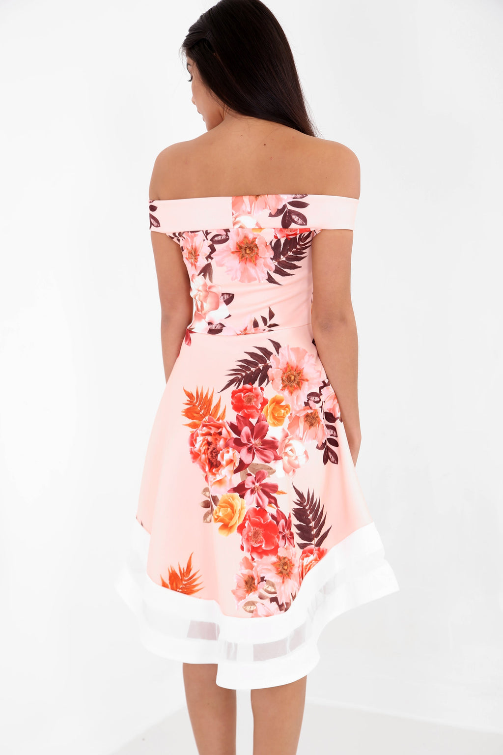 Tropical Floral Mesh Insert Bardot Skater Dress