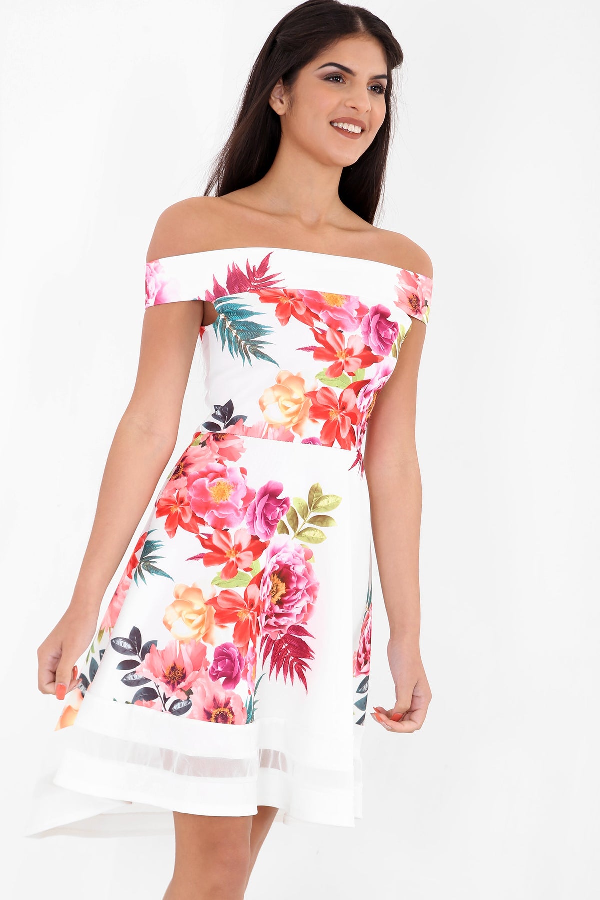 Tropical Floral Mesh Insert Bardot Skater Dress