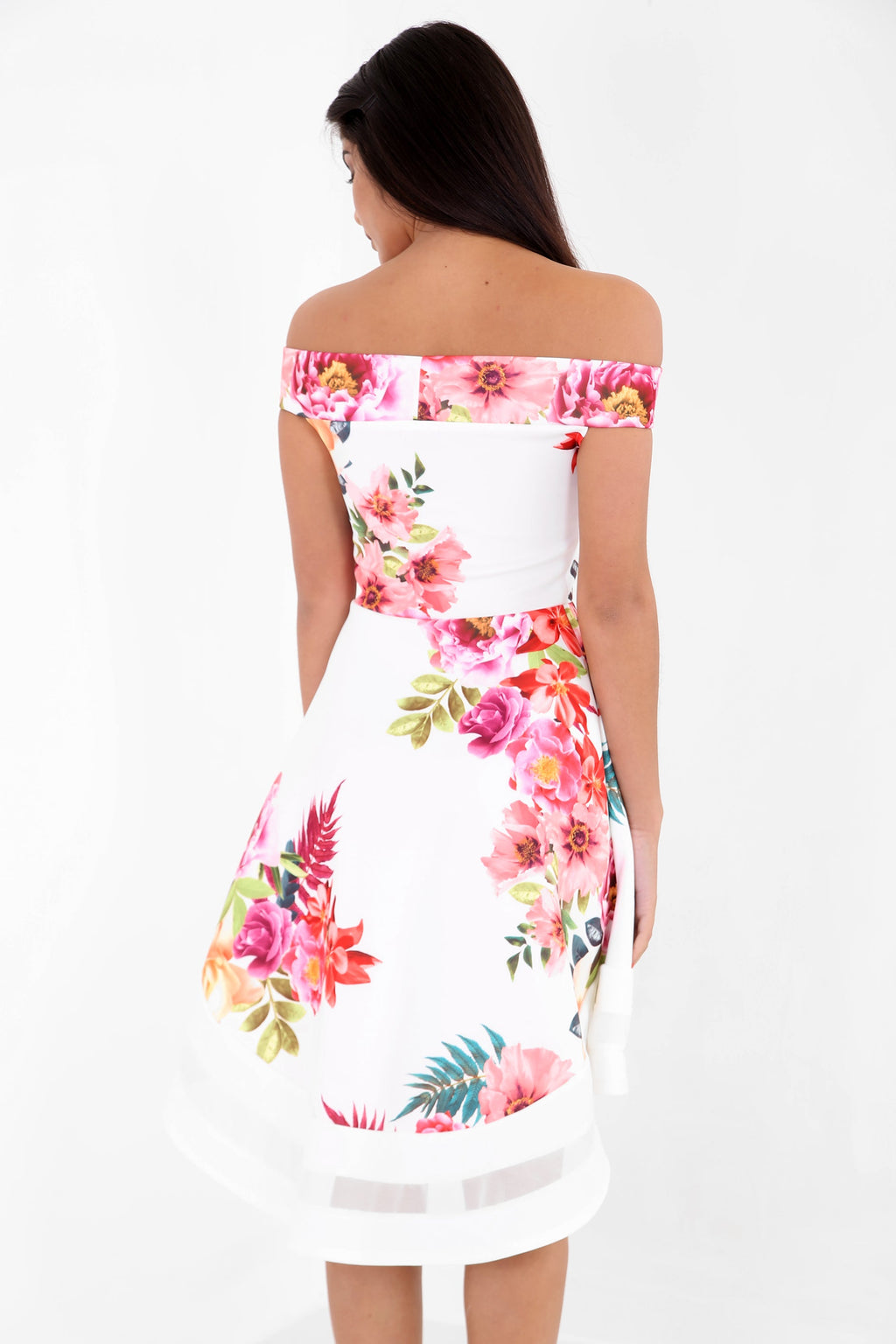Tropical Floral Mesh Insert Bardot Skater Dress