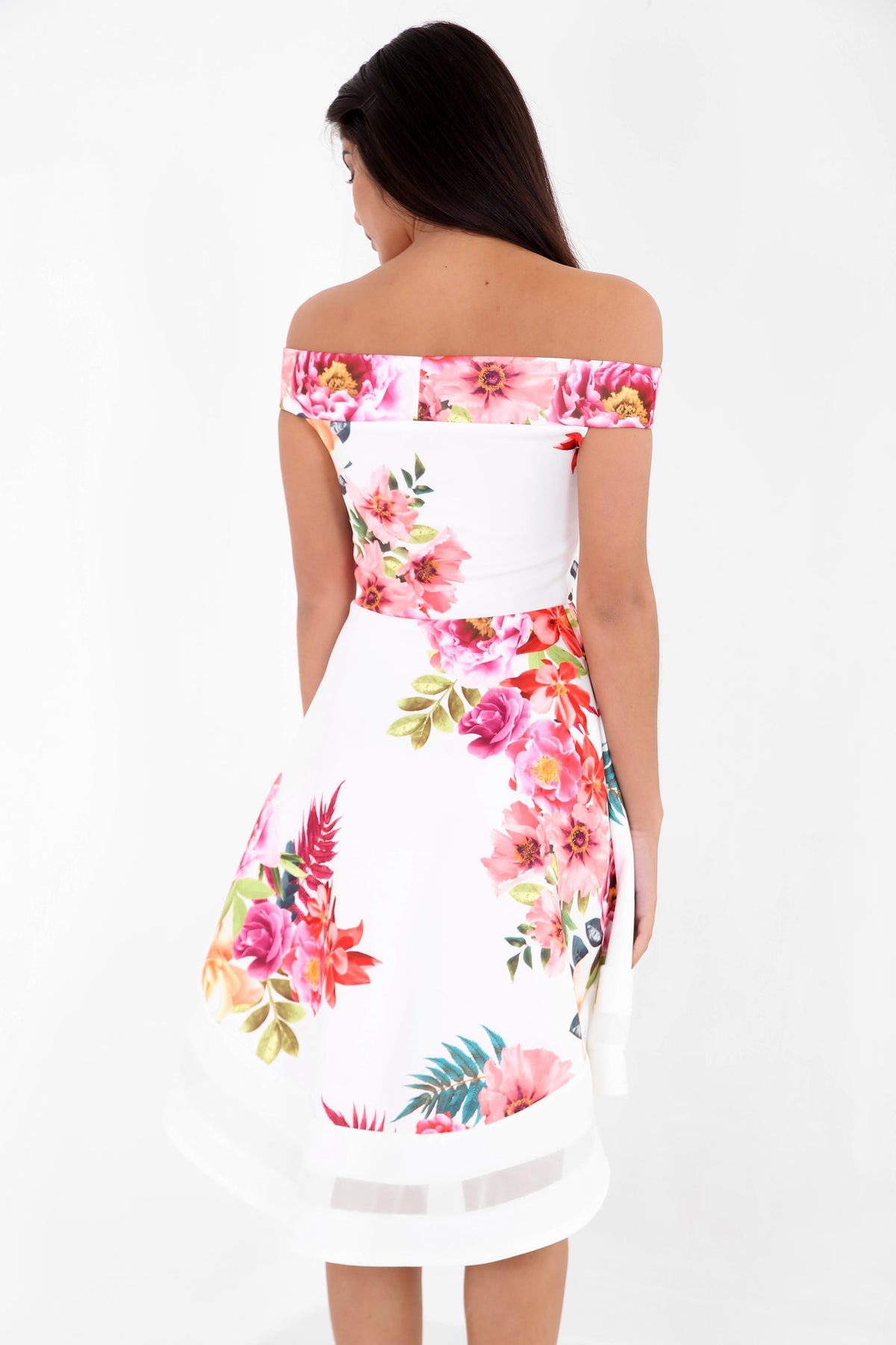 Tropical Floral Mesh Insert Bardot Skater Dress