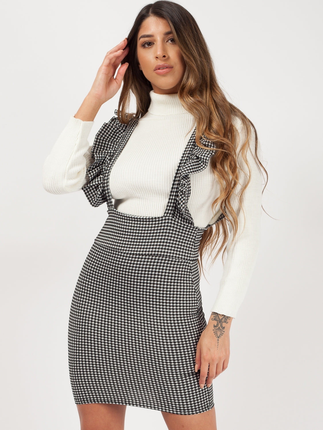 Frill Detail Checked Pinafore Dress