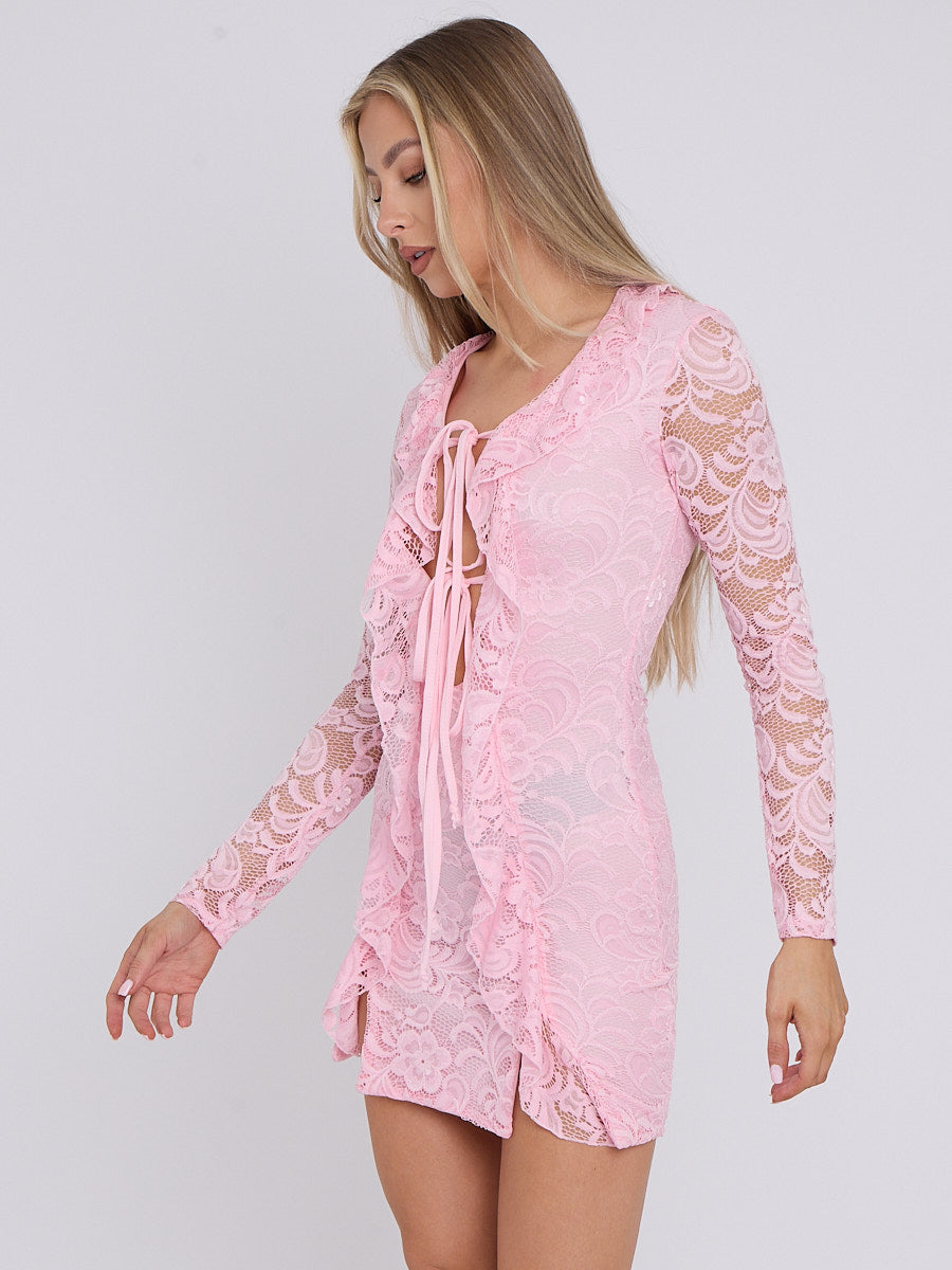Lace Up Frill Detail Bodycon Dress