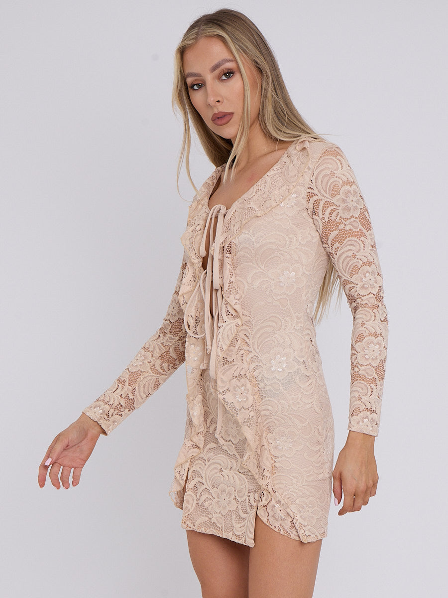 Lace Up Frill Detail Bodycon Dress