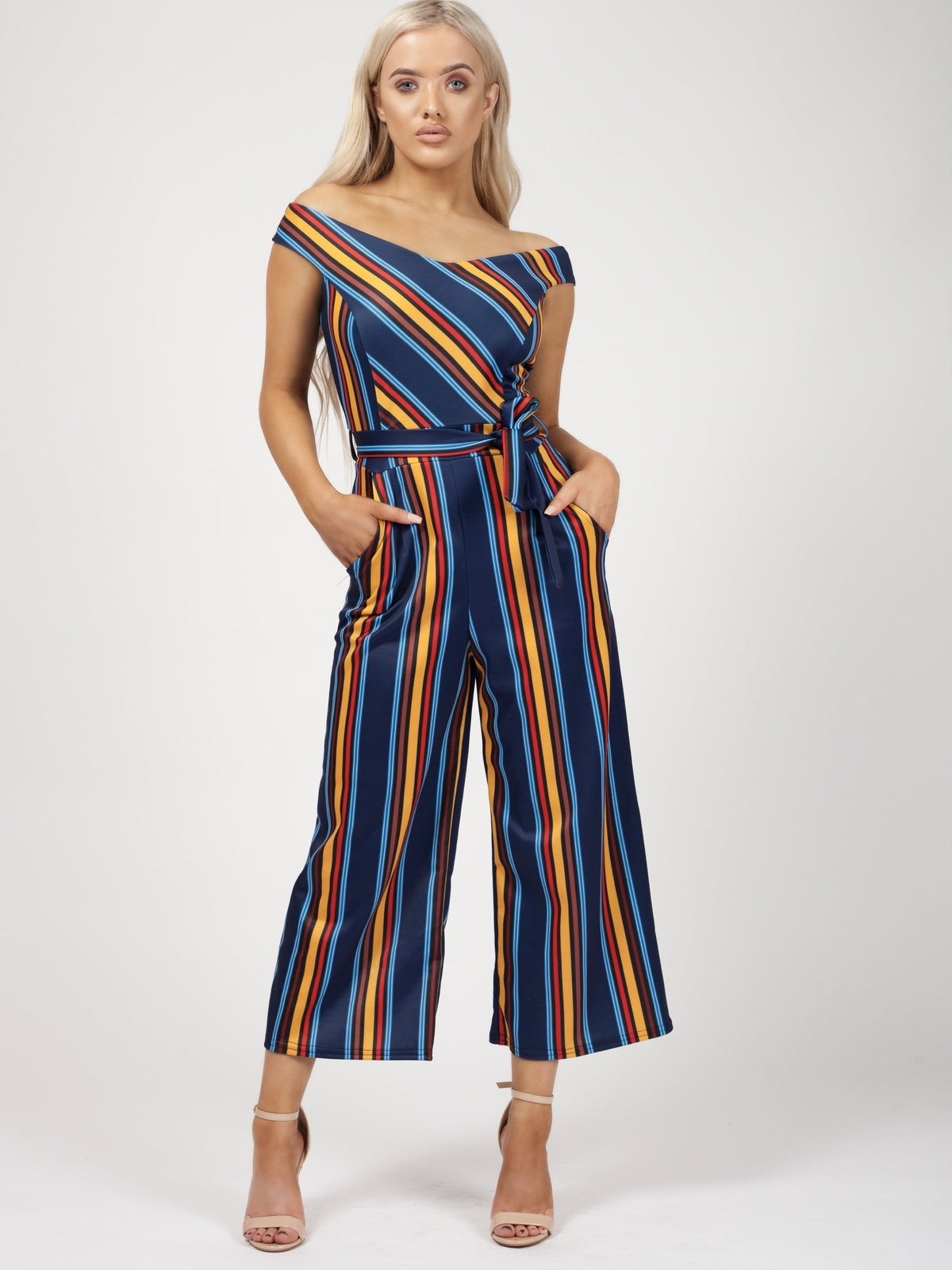 Multi Striped Bardot Culotte Jumpsuit