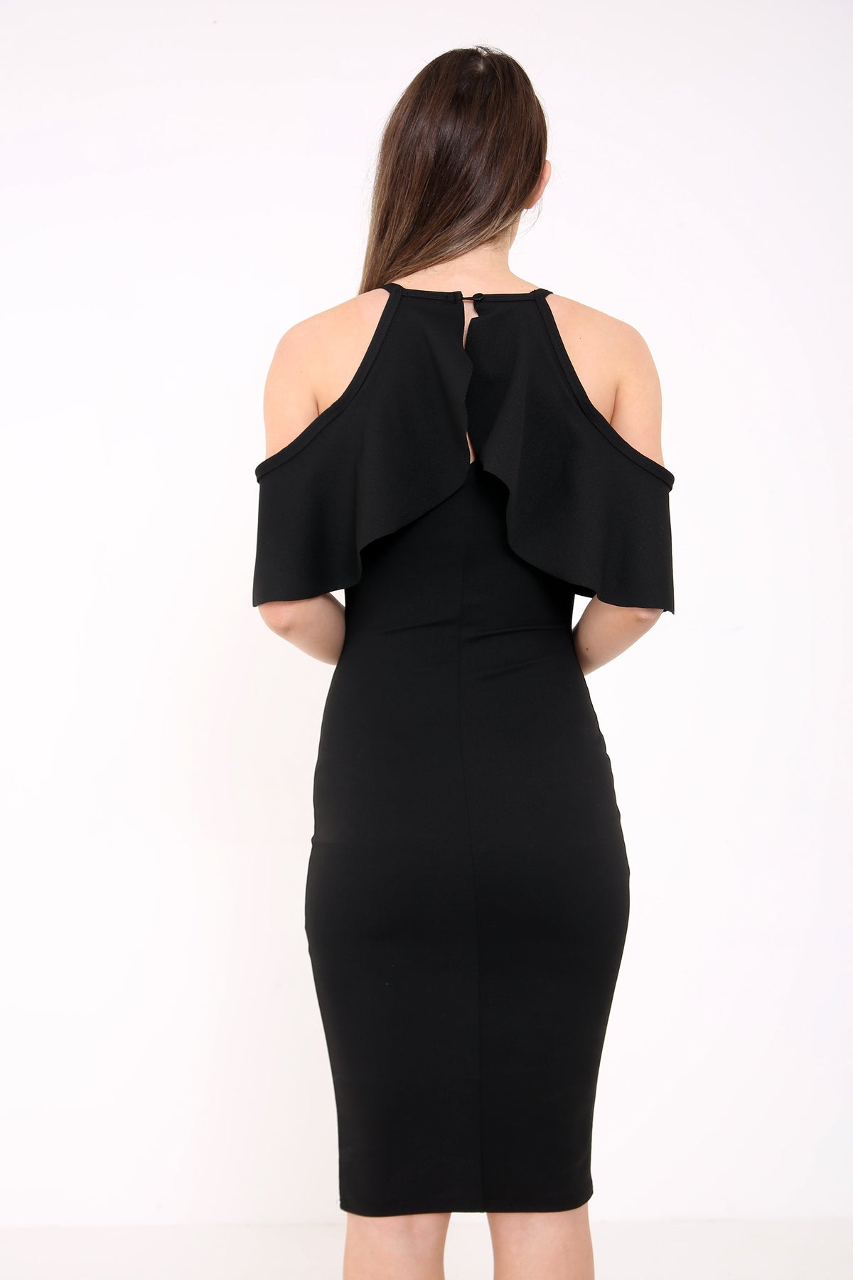 Frill Cold Shoulder Midi Bodycon Dress
